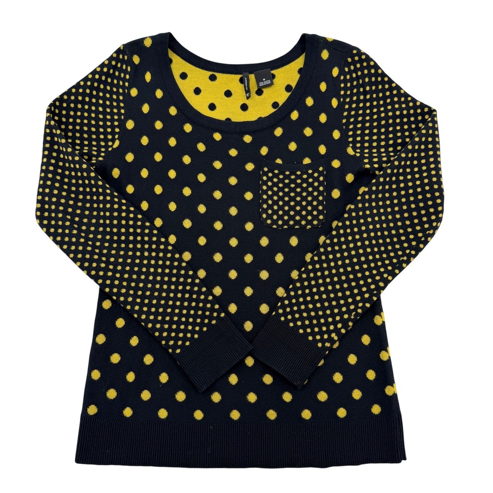 New Directions Women Size M Black Yellow Polka Dot Scoop Neck Pocket Sweater Y2K